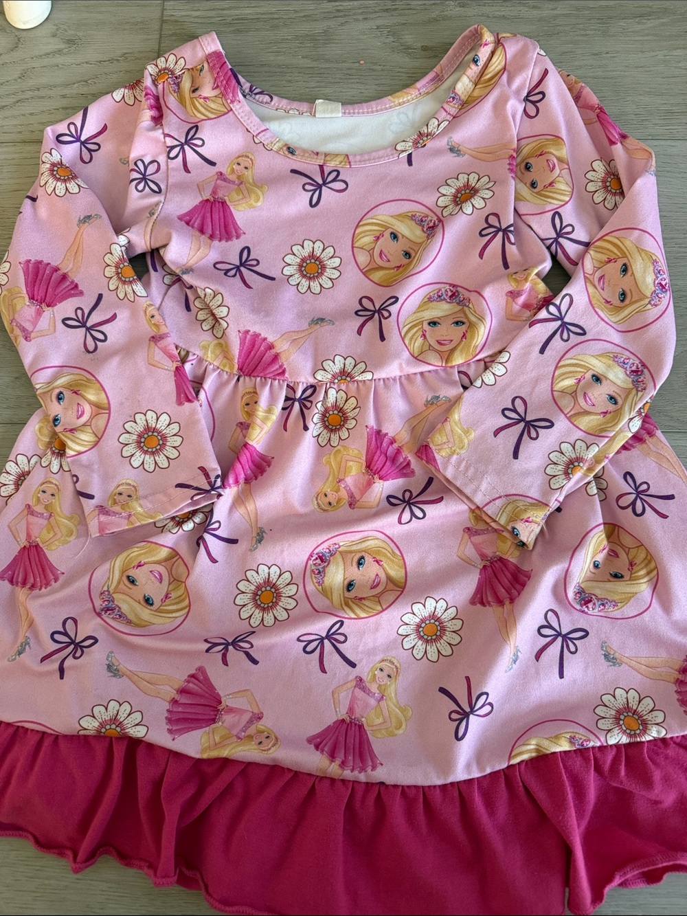 Pink Princess Print Ruffle Hem Long Sleeve Dress